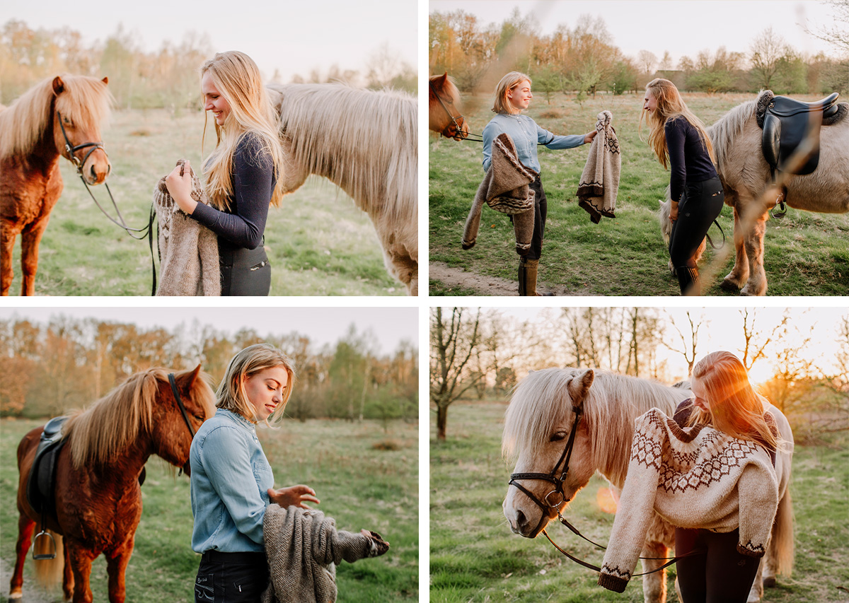 Freundinnen im traditionellen isländischen Pullover stehen mit ihren Pferden auf einer Wiese