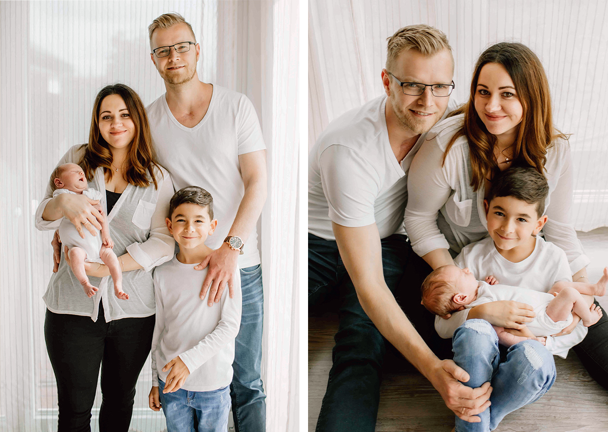 Die Familie kuschelt eng beisammen – warme, natürliche Momente beim Newbornshooting zu Hause