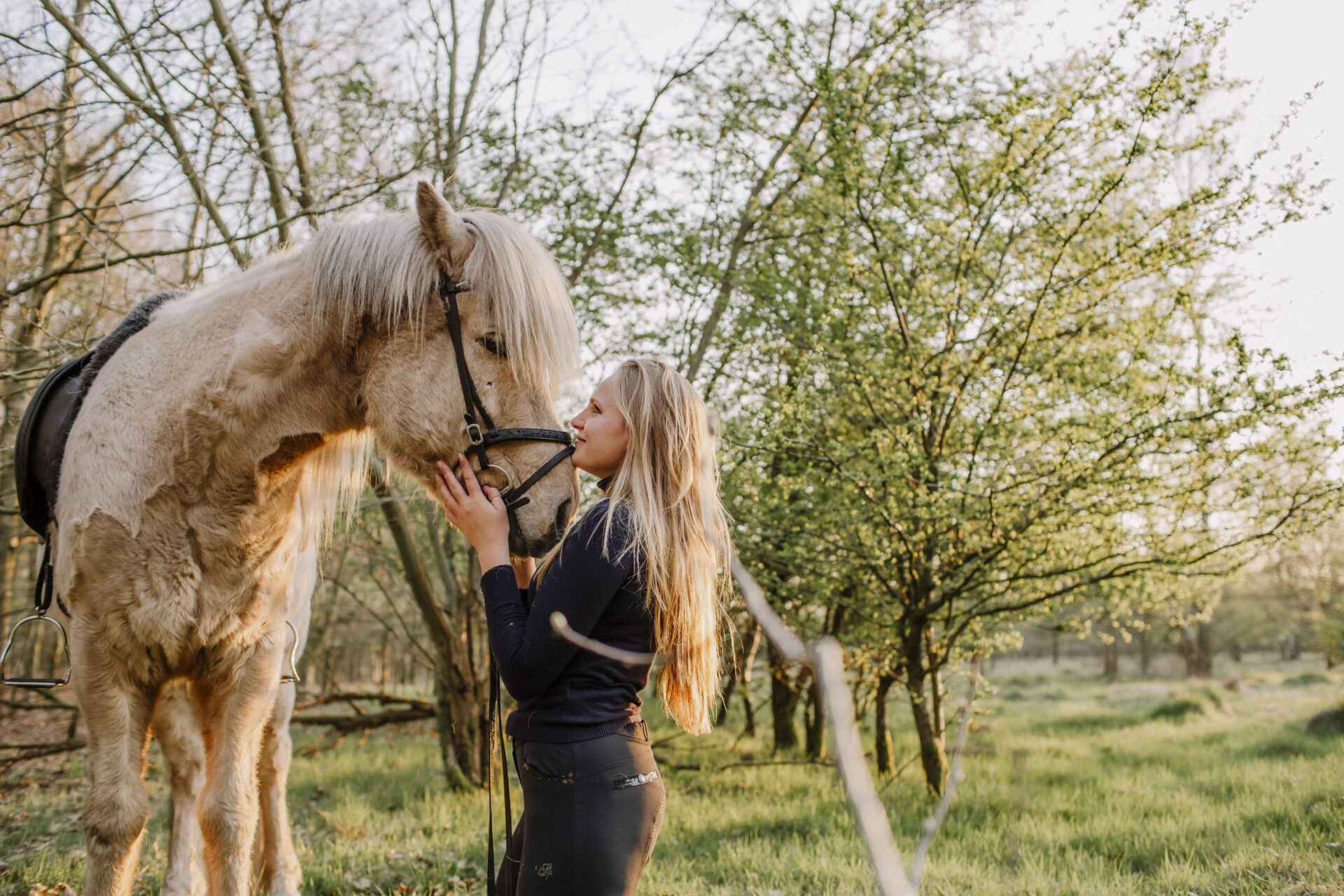 Mädchen lehnt sich an ihr Islandpferd, ruhige Outdoor‑Szene