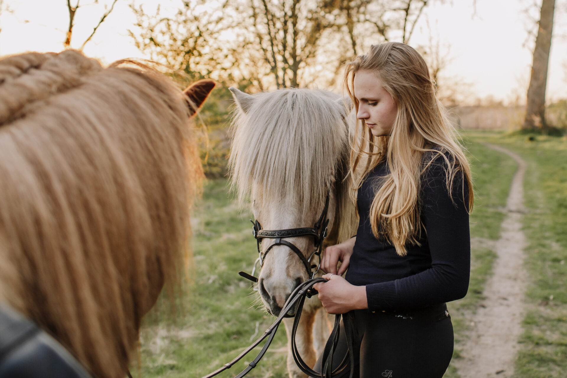 Mädchen steht mit ihrem Islandpferd auf einer Wiese, natürliches Portraitshooting.