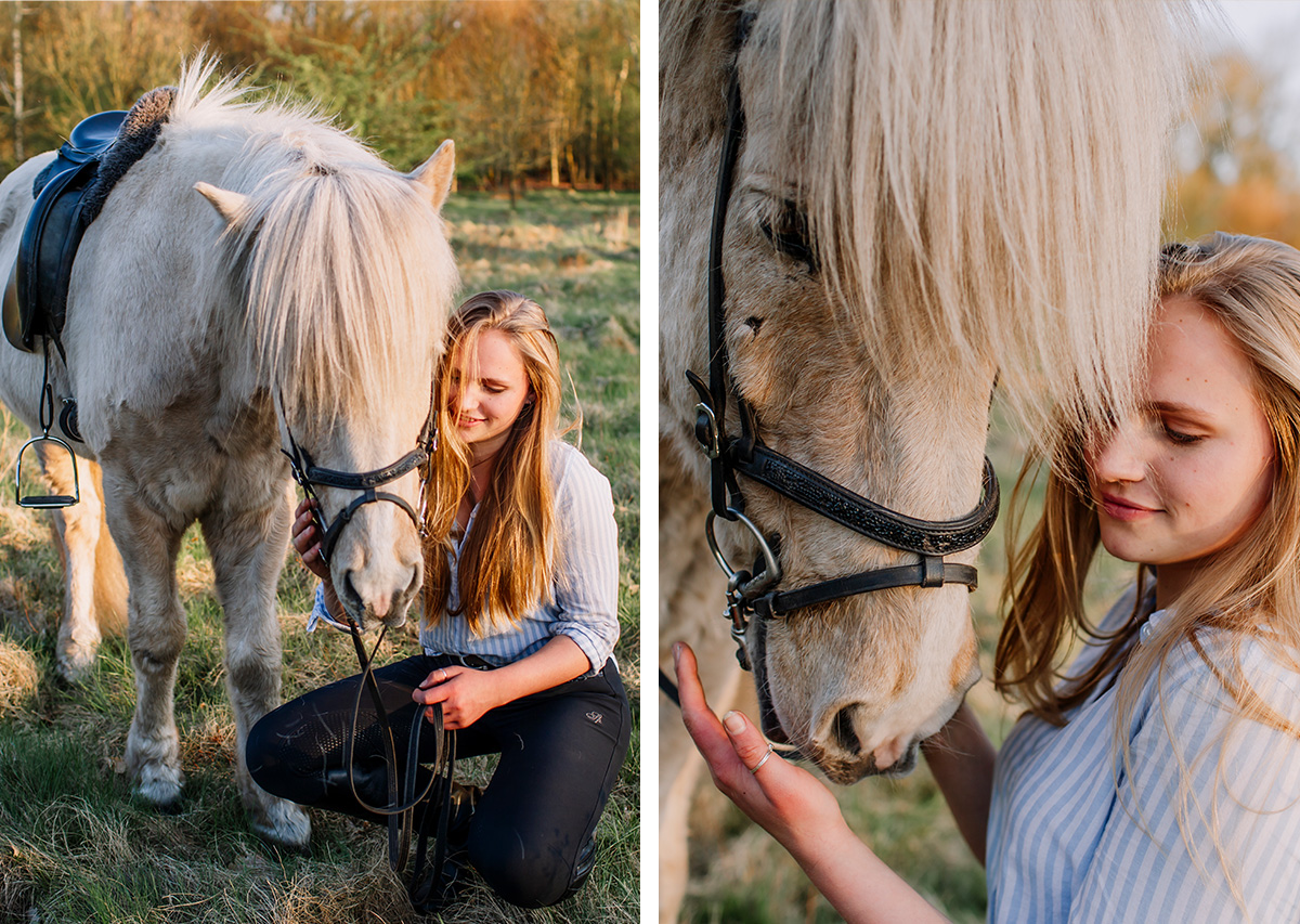 Freundinnen sitzen im Gras mit ihren Islandpferden