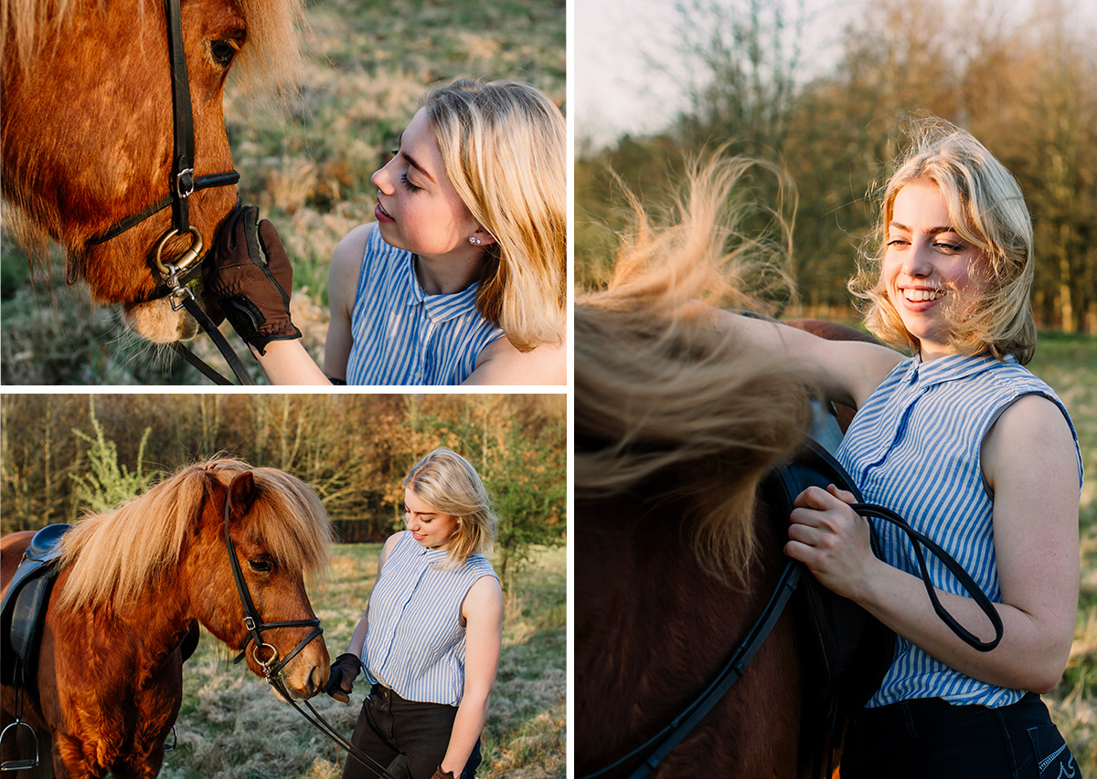 Mädchen steht neben ihrem Pferd, natürliche Portraits
