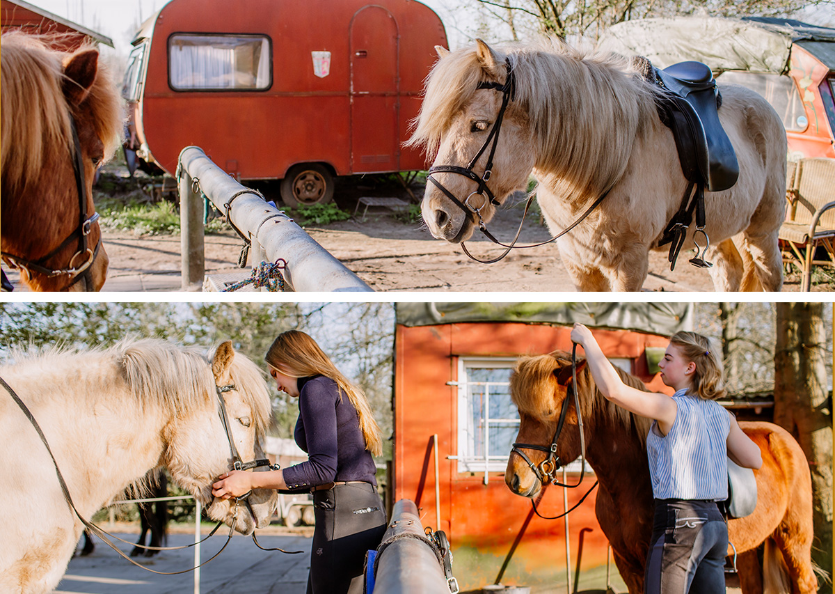 Zwei Freundinnen mit ihren Islandpferden im Pferdestall in Wedel, natürliches Portraitshooting
