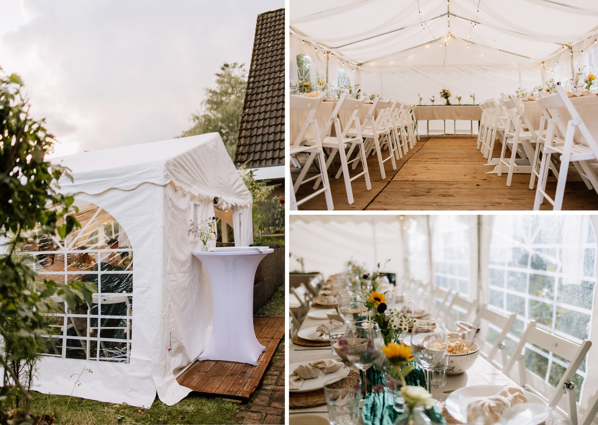 Gartenhochzeit mit festlich geschmücktem Pavillon