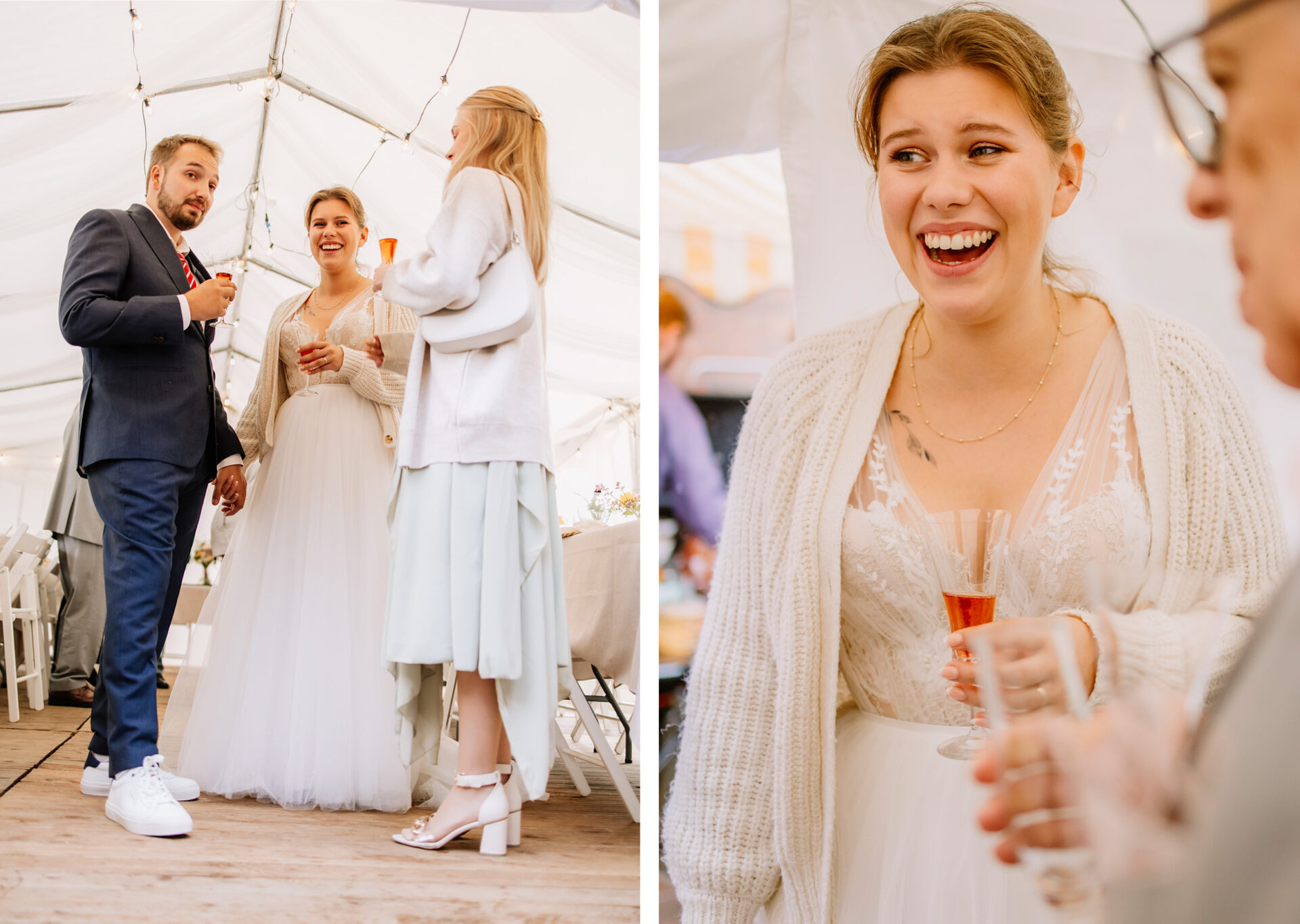 Authentische Hochzeitsmomente bei Regen im Familiengarten