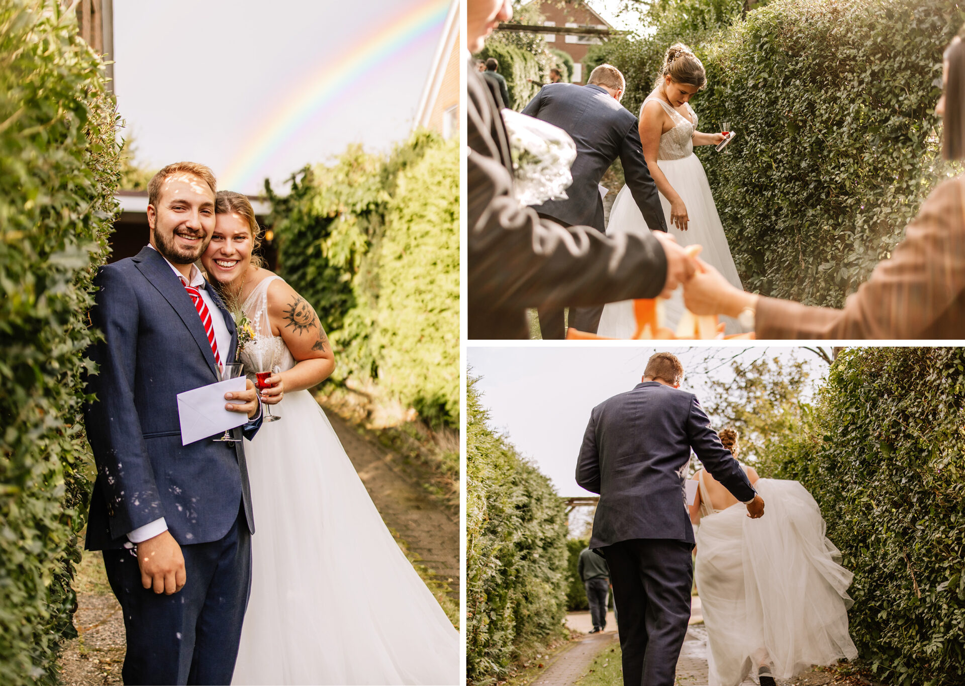 Brautpaar feiert unter einem Regenbogen nach dem Sommerregen
