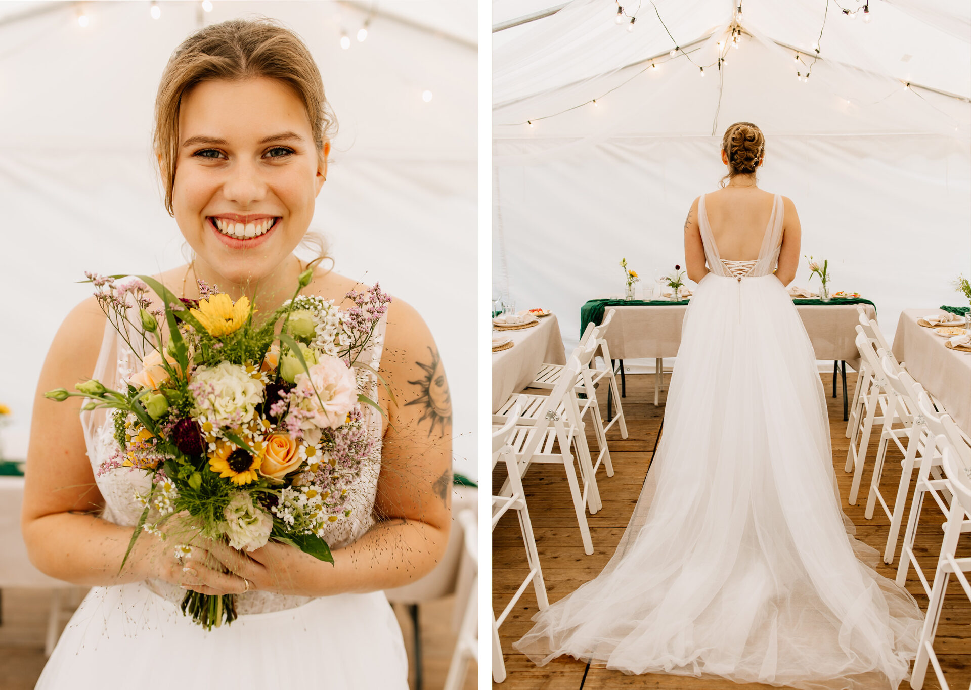 Braut inmitten blühender Gartenkulisse bei einer stilvollen Gartenhochzeit
