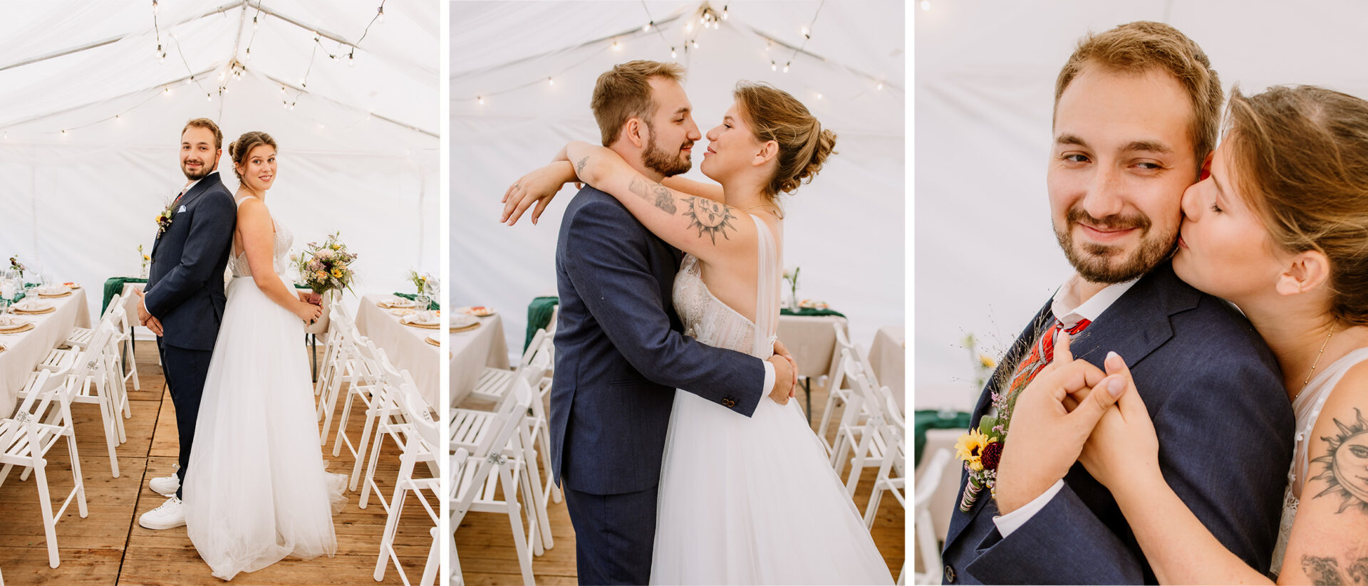 Romantische Szene der frisch Verheirateten bei einer Gartenhochzeit im Pavillon