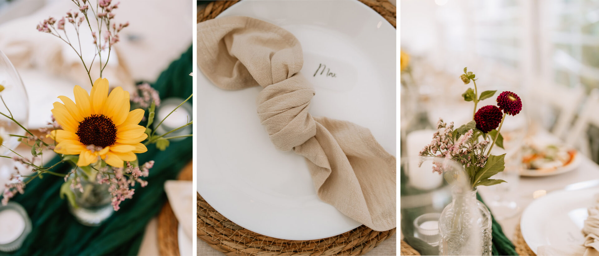 Natürliche Hochzeitsdeko mit Sonnenblumen und Leinen