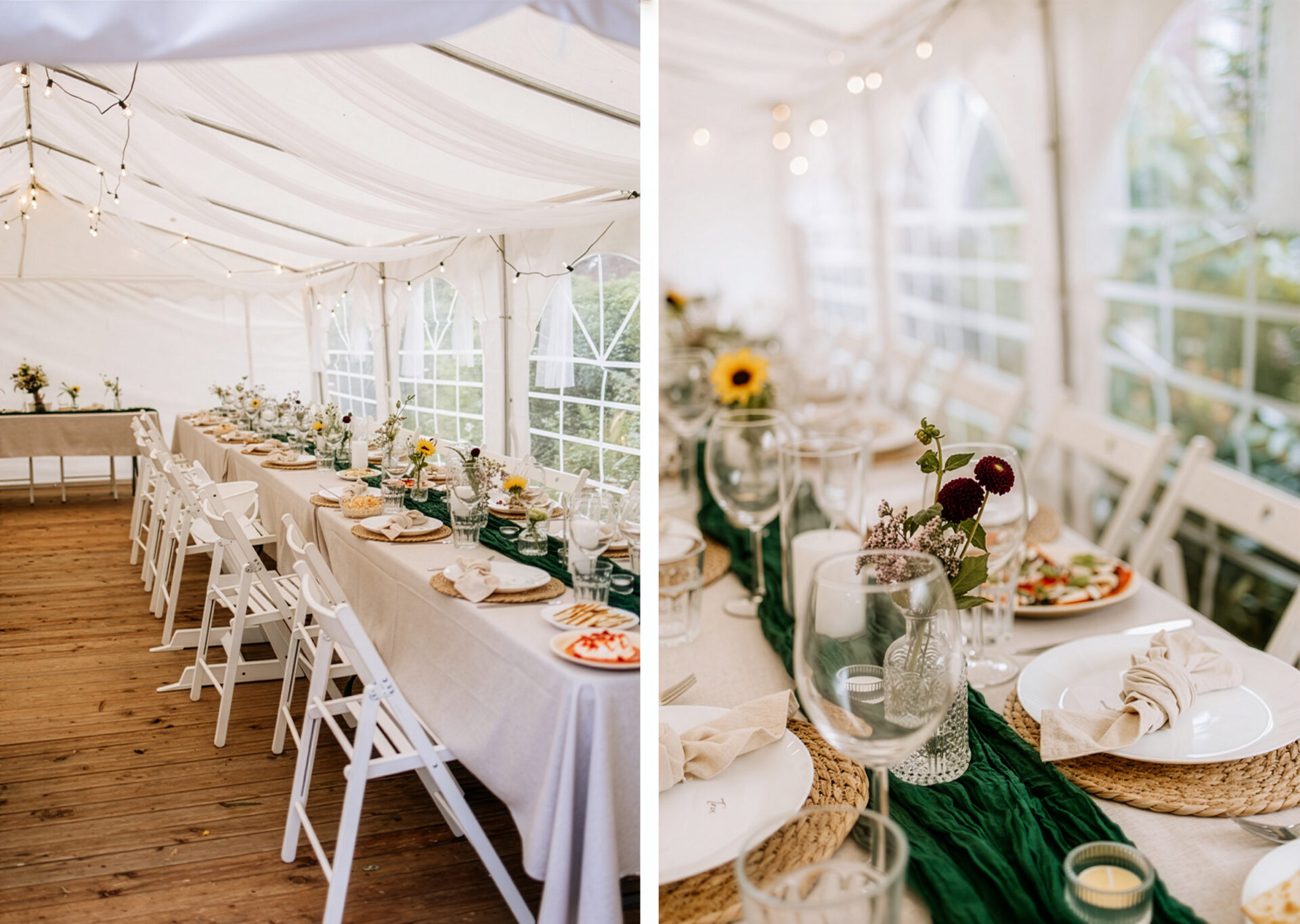 Weißes Festzelt im Garten für eine Sommerhochzeit